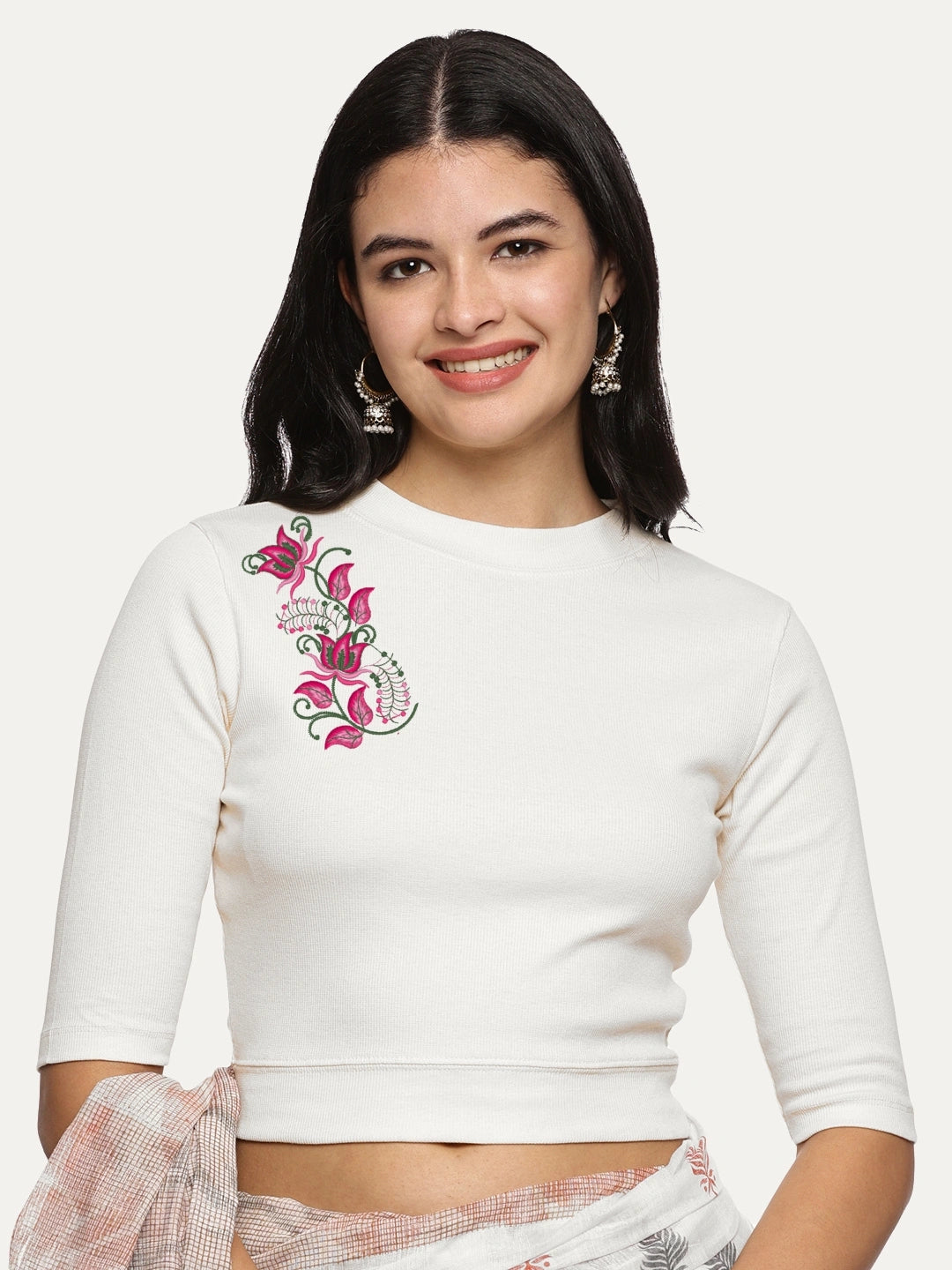 Women Back Printed Stretchable Elbow Sleeve RIB Blouse U0117 - notyetbyus