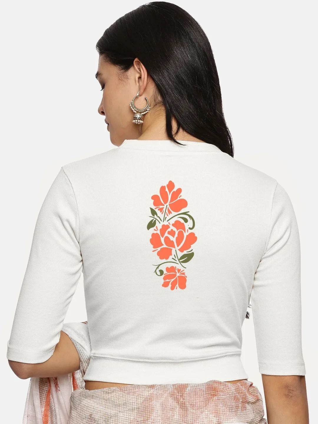 Women Back Printed Stretchable Elbow Sleeve RIB Blouse U0118 - notyetbyus