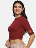 Women Back Printed Stretchable Elbow Sleeve RIB Blouse U0115 Maroon