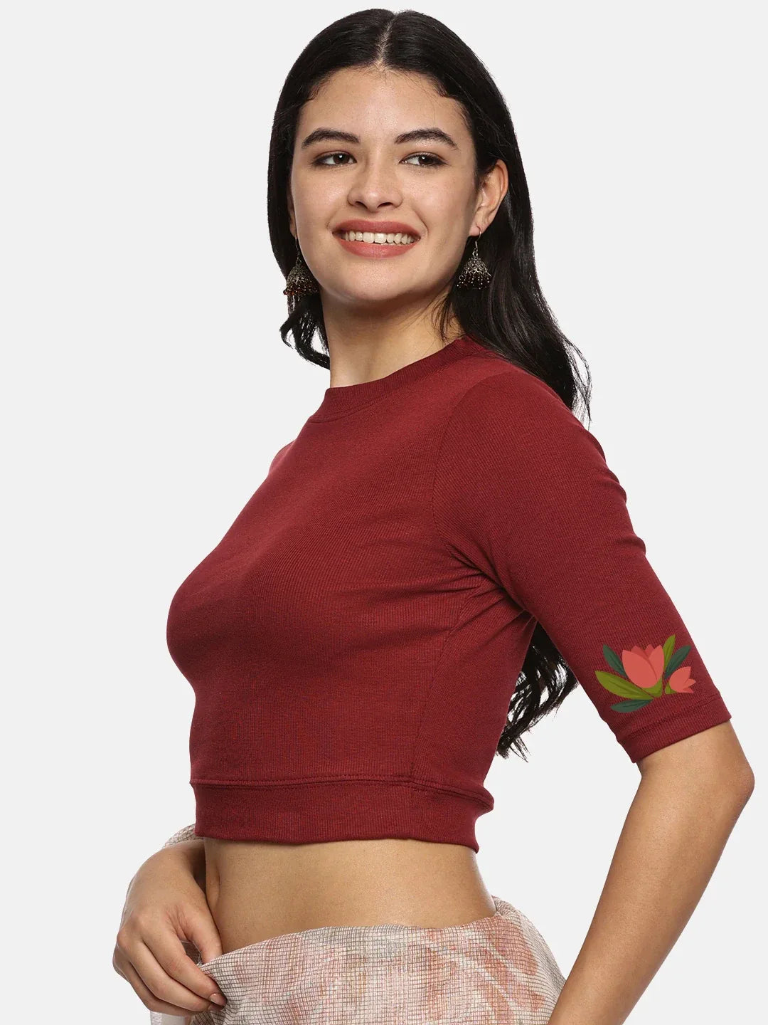 Women Back Printed Stretchable Elbow Sleeve RIB Blouse U0115 - notyetbyus