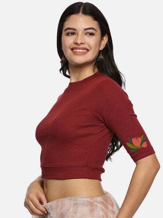 Women Back Printed Stretchable Elbow Sleeve RIB Blouse U0115 - notyetbyus