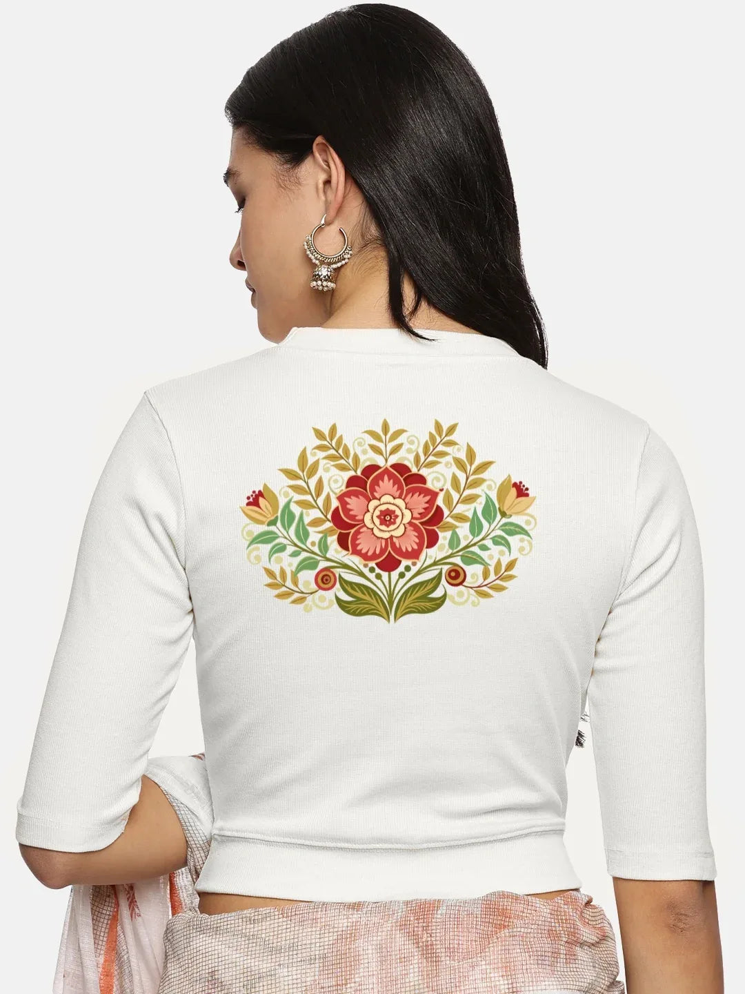 Women Back Printed Stretchable Elbow Sleeve RIB Blouse U0120 - notyetbyus