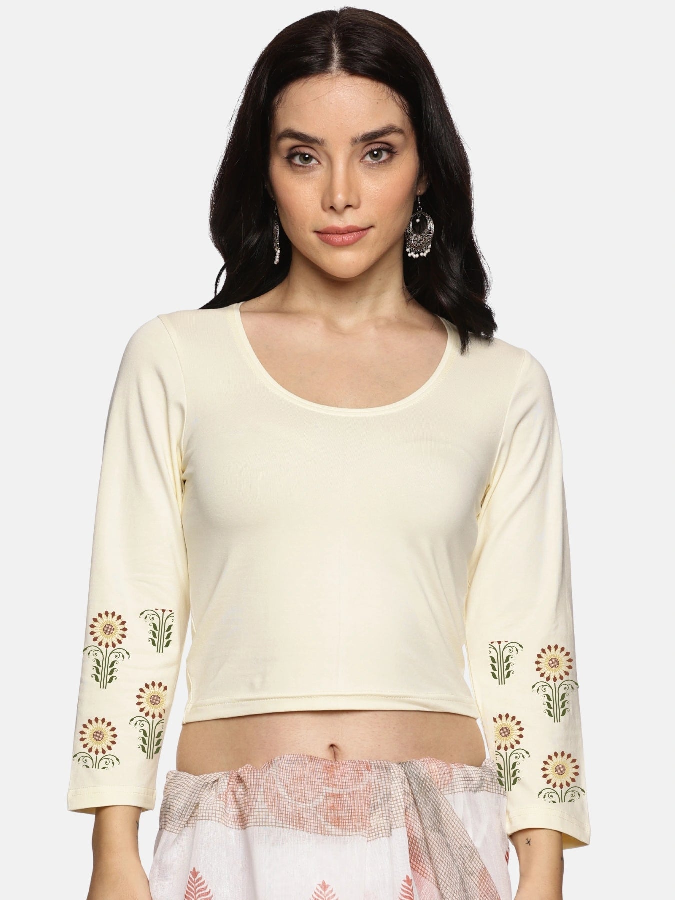 Women Three Fourth Sleeve Back Print Stretchable Blouse U0124 Cream
