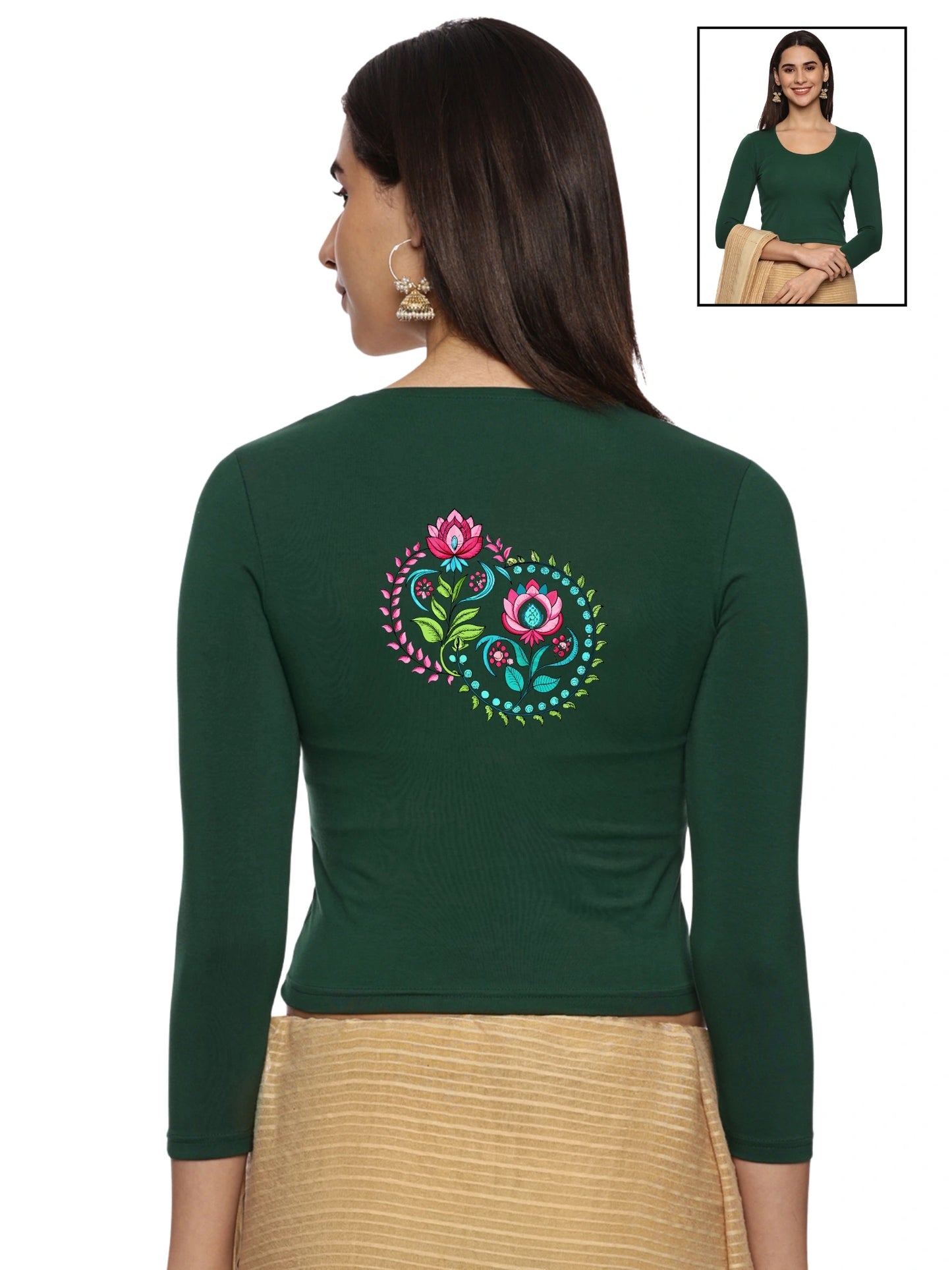Women Three Fourth Sleeve Back Print Stretchable Blouse U0125 Bottle Green