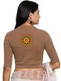 Women Back Printed Stretchable Elbow Sleeve RIB Blouse U0129R Biscuit