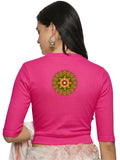 Women Back Printed Stretchable Elbow Sleeve RIB Blouse U0129R Rani Pink