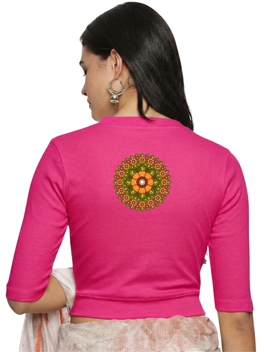Women Back Printed Stretchable Elbow Sleeve RIB Blouse U0129R Rani Pink