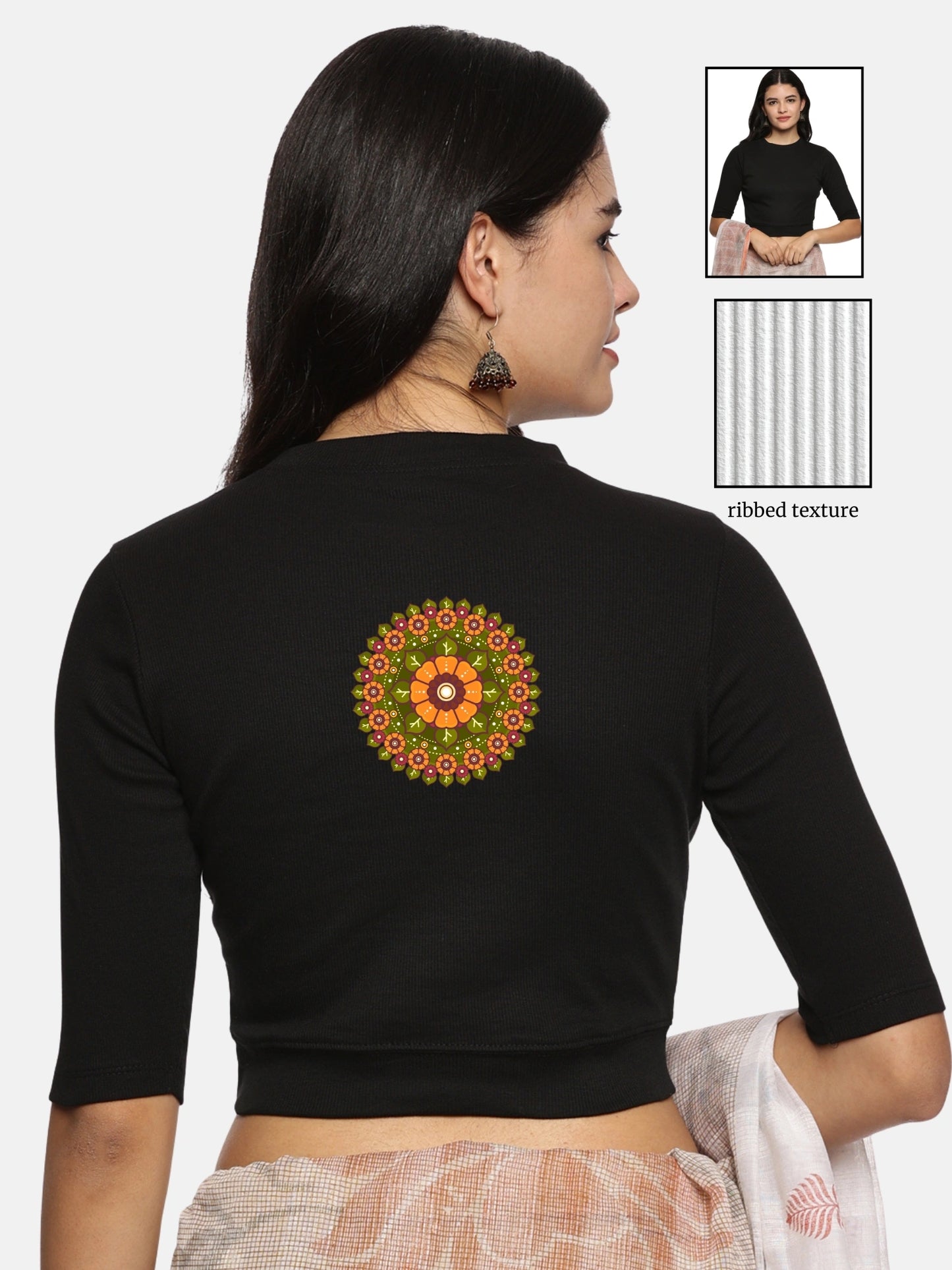 Women Back Printed Stretchable Elbow Sleeve RIB Blouse U0129R Black