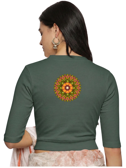 Women Back Printed Stretchable Elbow Sleeve RIB Blouse U0129R Khaki Green