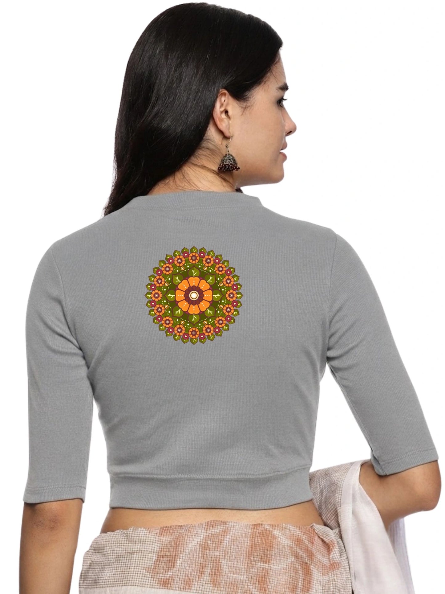 Women Back Printed Stretchable Elbow Sleeve RIB Blouse U0129R LT Steel Grey