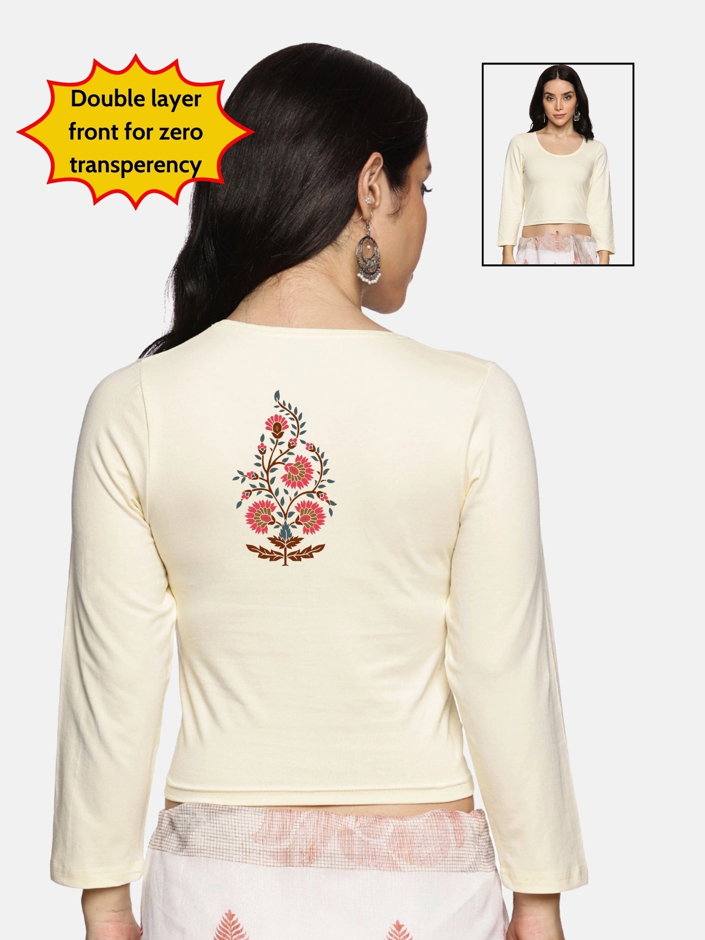 Women Three Fourth Sleeve Back Print Stretchable Blouse U0130  Cream