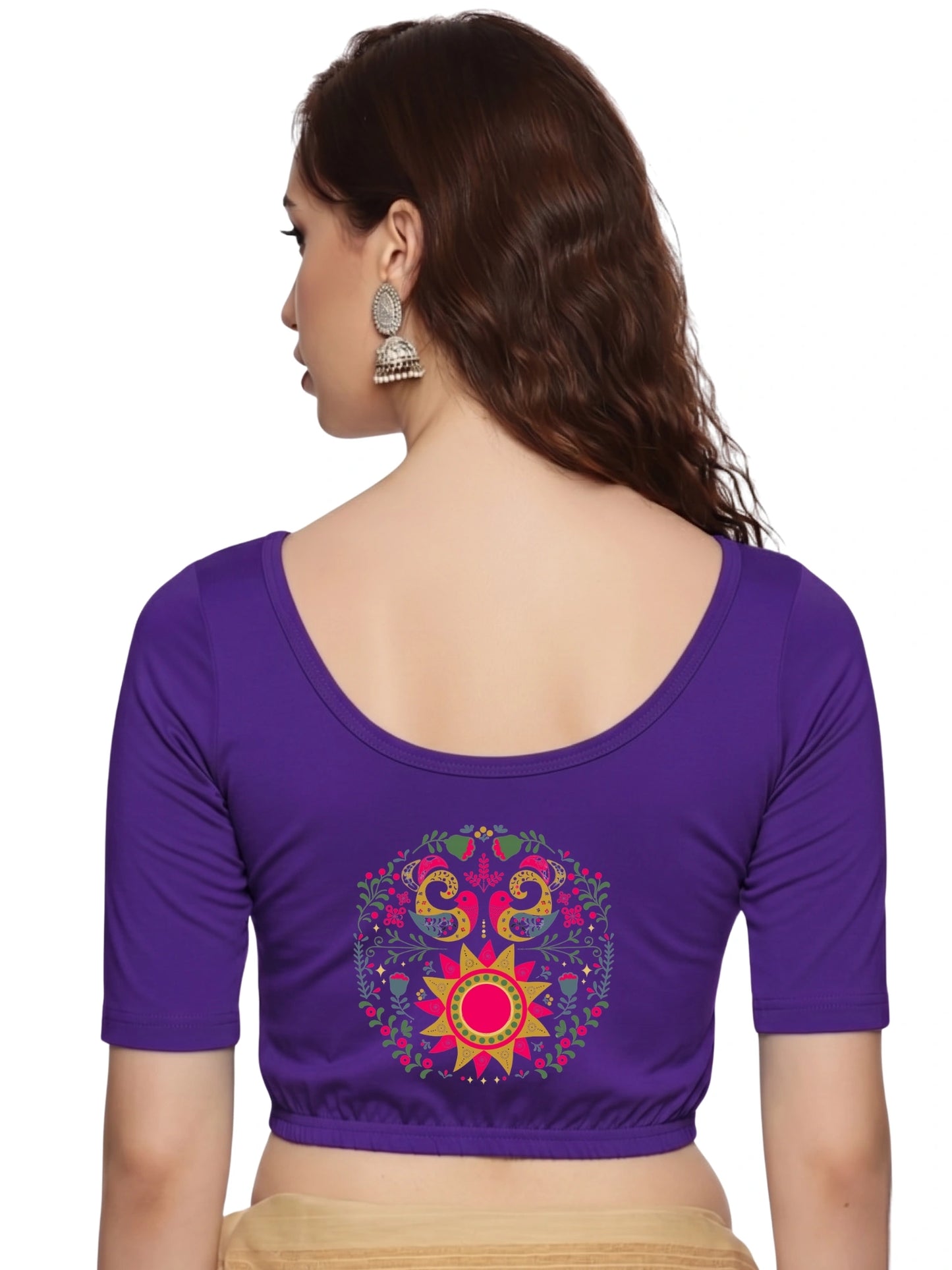 Women Back Printed Stretchable Half Sleeve Blouse U0141 Purple