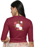 Women Back Printed Stretchable Elbow Sleeve RIB Blouse U0145 Wine Pink