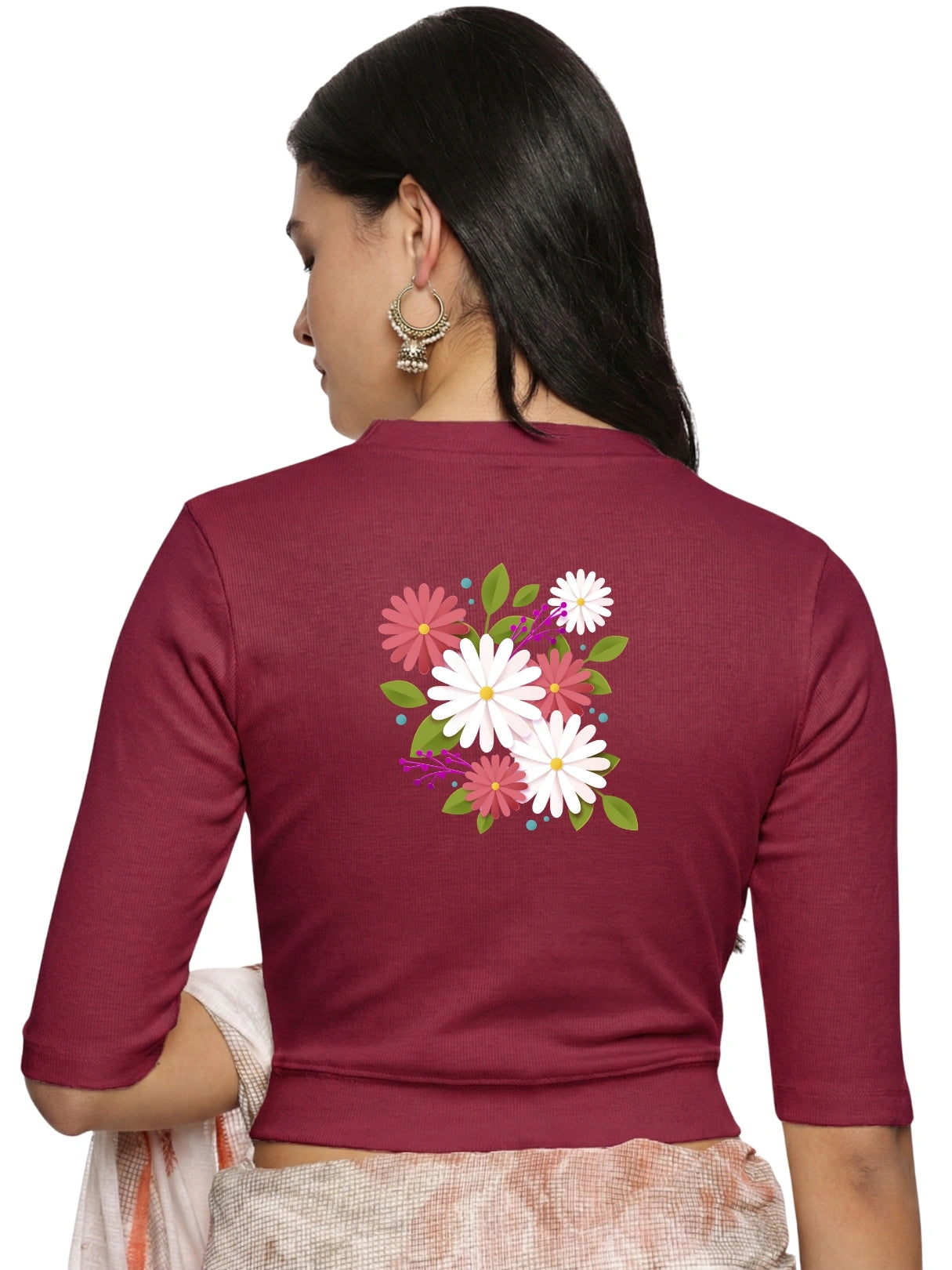 Women Back Printed Stretchable Elbow Sleeve RIB Blouse U0145 Wine Pink