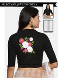 Women Back Printed Stretchable Elbow Sleeve RIB Blouse U0145 Black