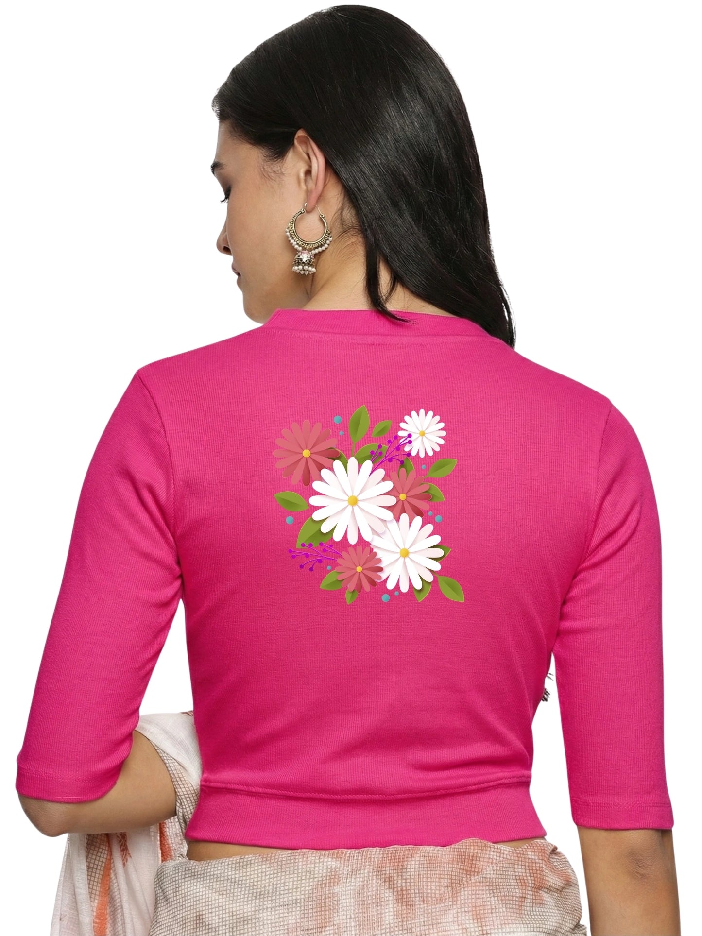 Women Back Printed Stretchable Elbow Sleeve RIB Blouse U0145 Rani Pink