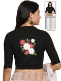 Women Back Printed Stretchable Elbow Sleeve RIB Blouse U0145 Black