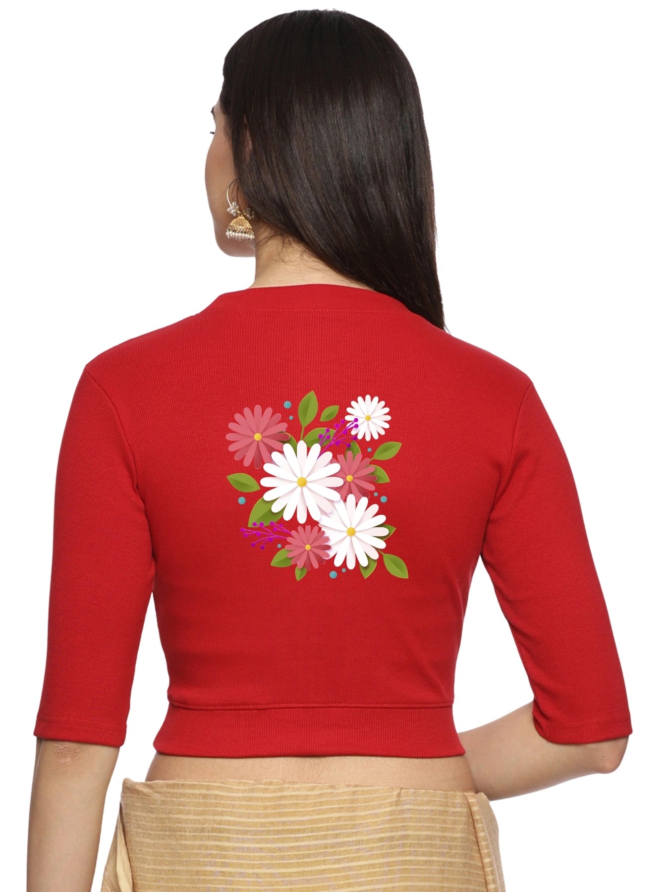 Women Back Printed Stretchable Elbow Sleeve RIB Blouse U0145