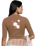 Women Back Printed Stretchable Elbow Sleeve RIB Blouse U0145 Biscuit