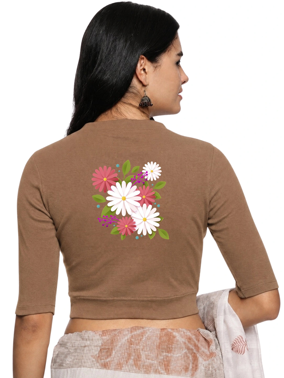 Women Back Printed Stretchable Elbow Sleeve RIB Blouse U0145 Biscuit