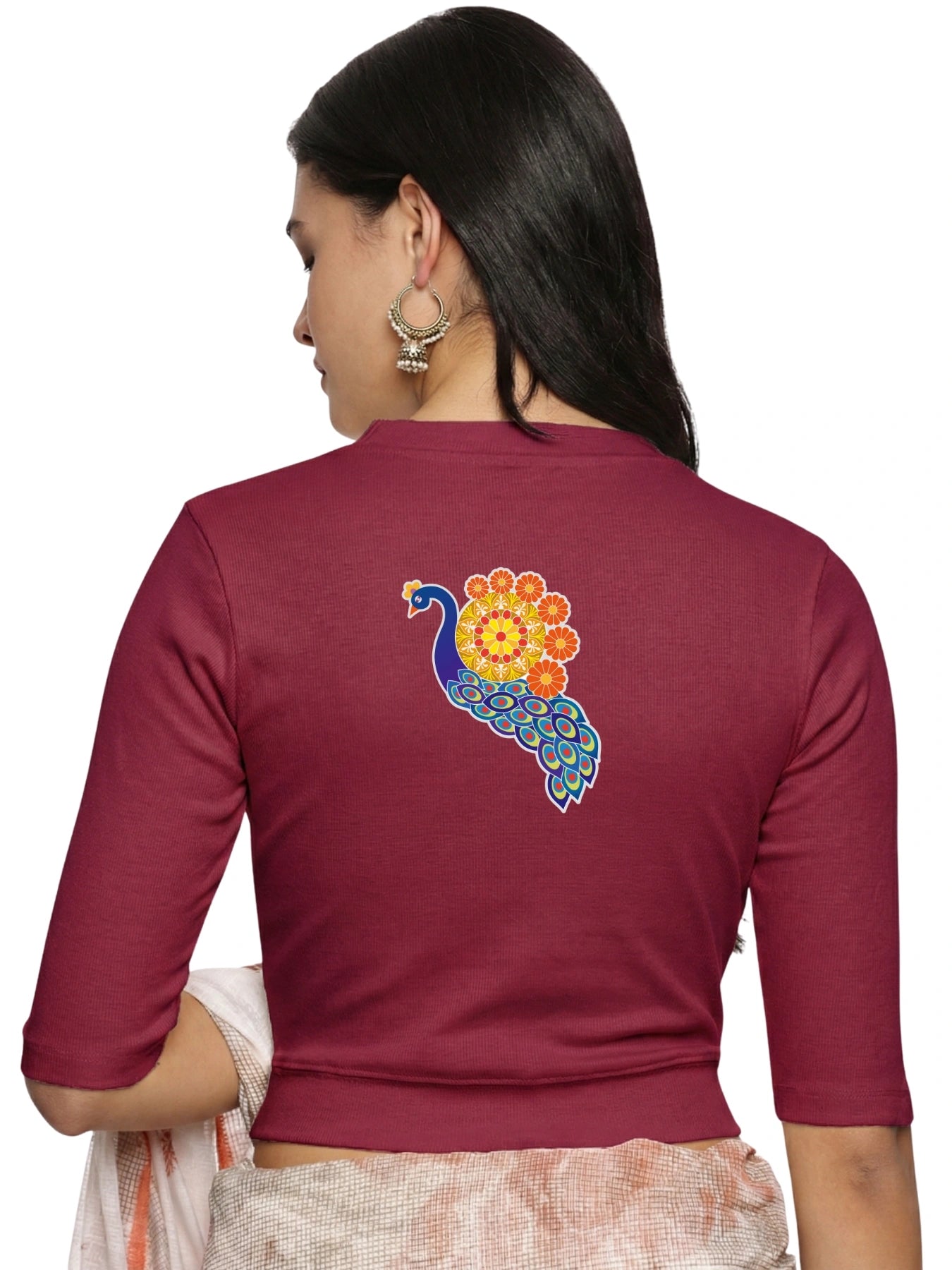 Women Back Printed Stretchable Elbow Sleeve RIB Blouse U0146 Wine Pink