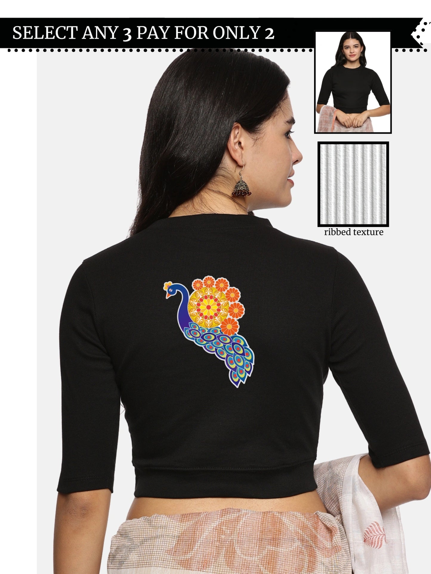Women Back Printed Stretchable Elbow Sleeve RIB Blouse U0146 Black