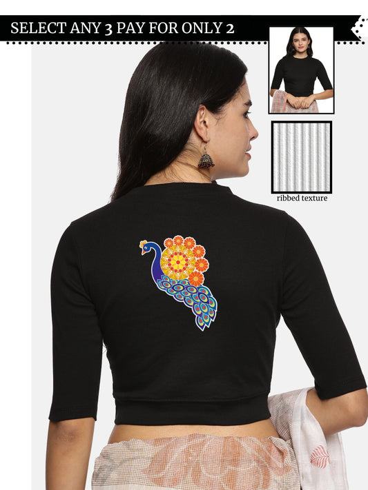 Women Back Printed Stretchable Elbow Sleeve RIB Blouse U0146 Black