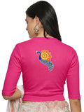Women Back Printed Stretchable Elbow Sleeve RIB Blouse U0146 Rani Pink