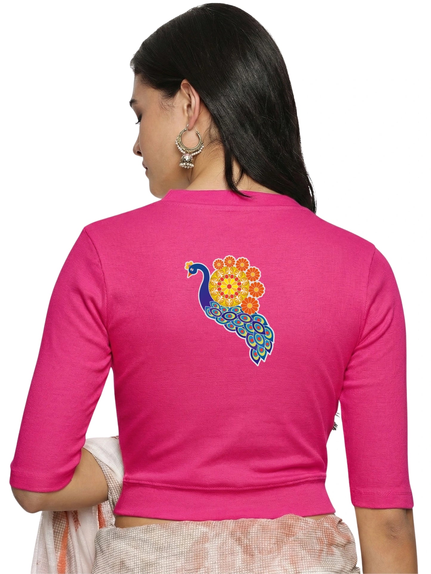 Women Back Printed Stretchable Elbow Sleeve RIB Blouse U0146 Rani Pink