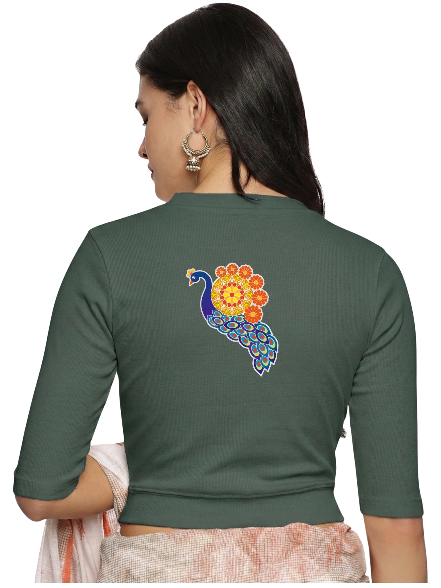 Women Back Printed Stretchable Elbow Sleeve RIB Blouse U0146 Khaki Green