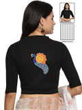 Women Back Printed Stretchable Elbow Sleeve RIB Blouse U0146 Black