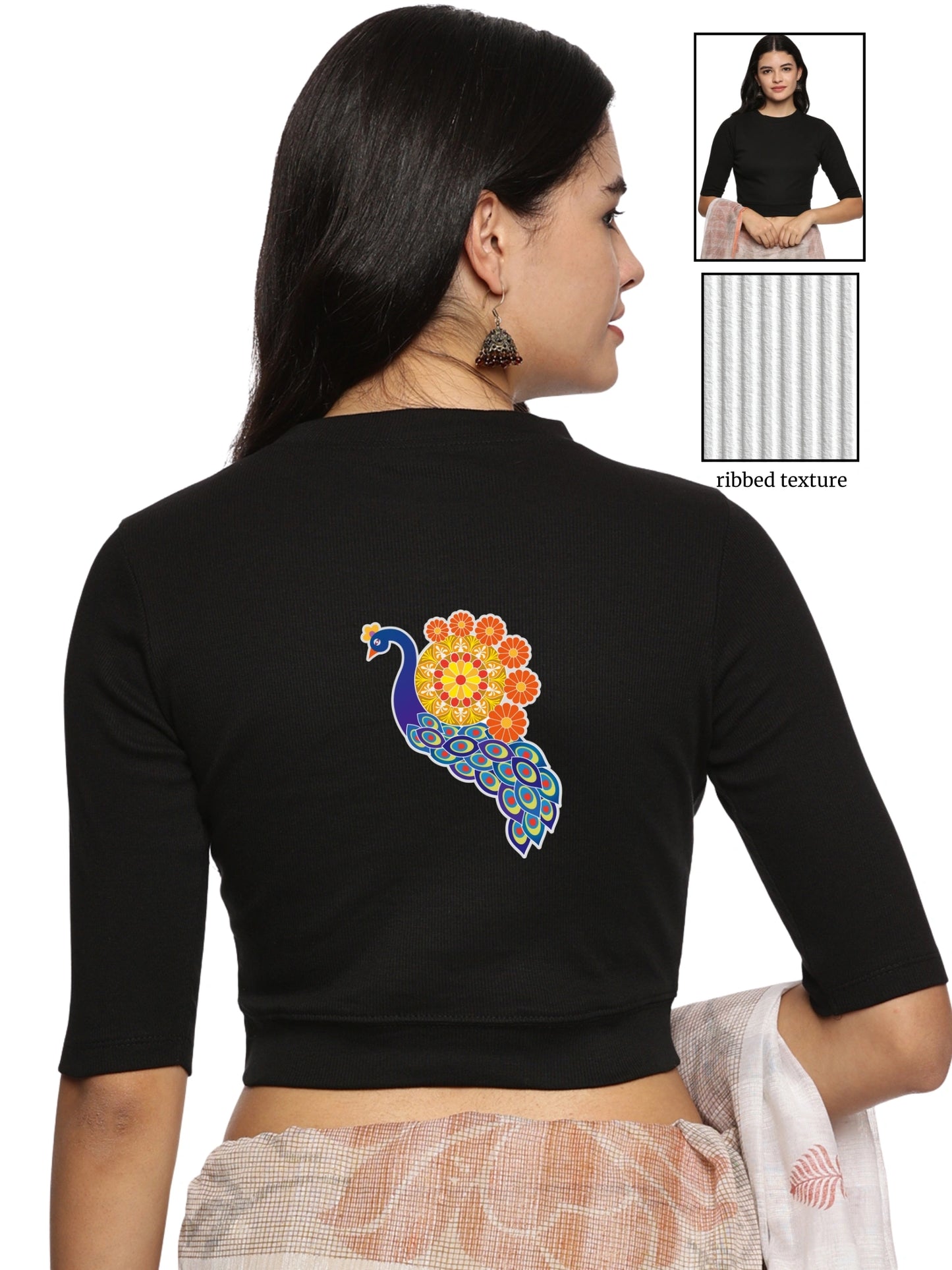 Women Back Printed Stretchable Elbow Sleeve RIB Blouse U0146 Black