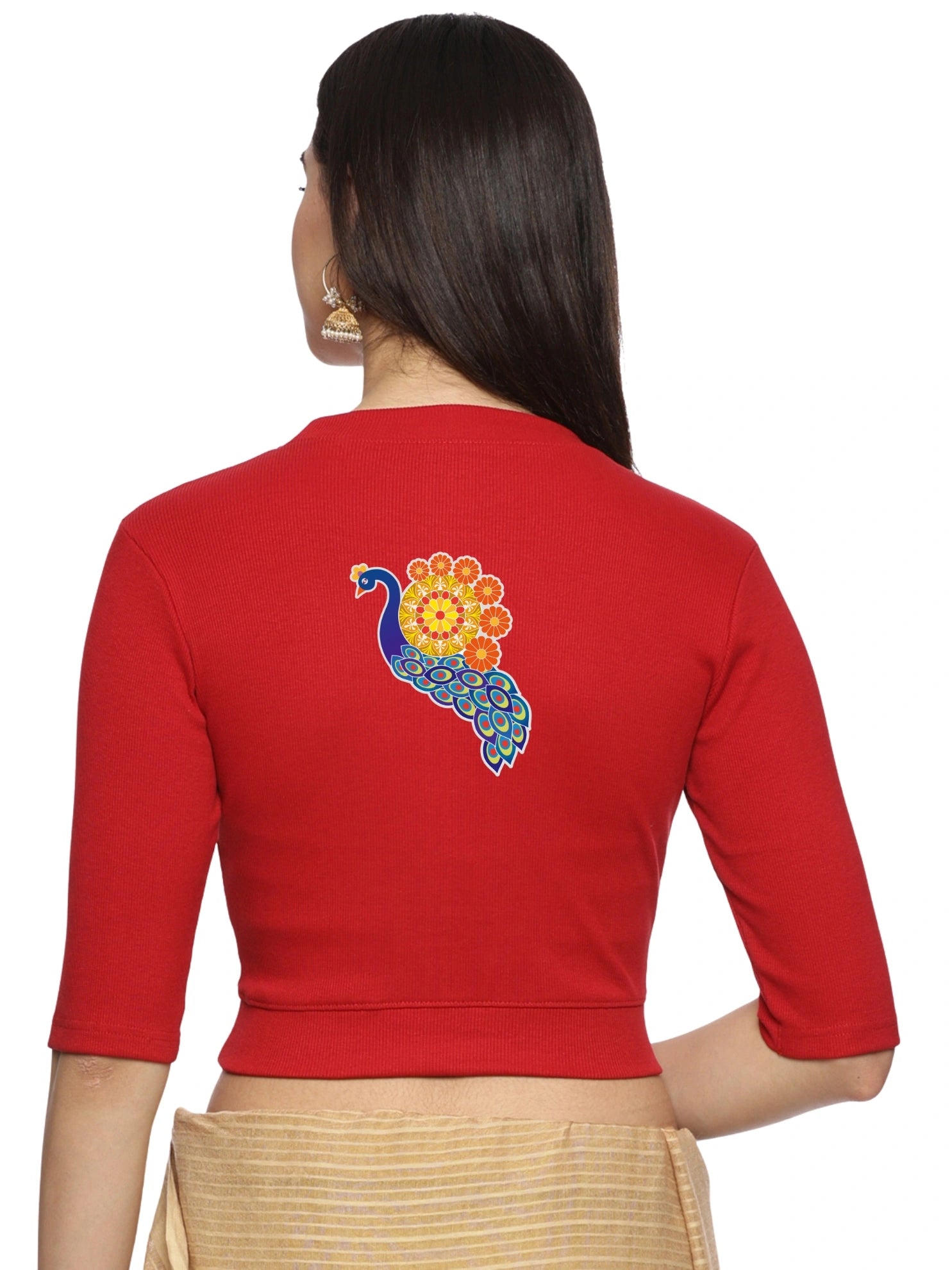 Women Back Printed Stretchable Elbow Sleeve RIB Blouse U0146