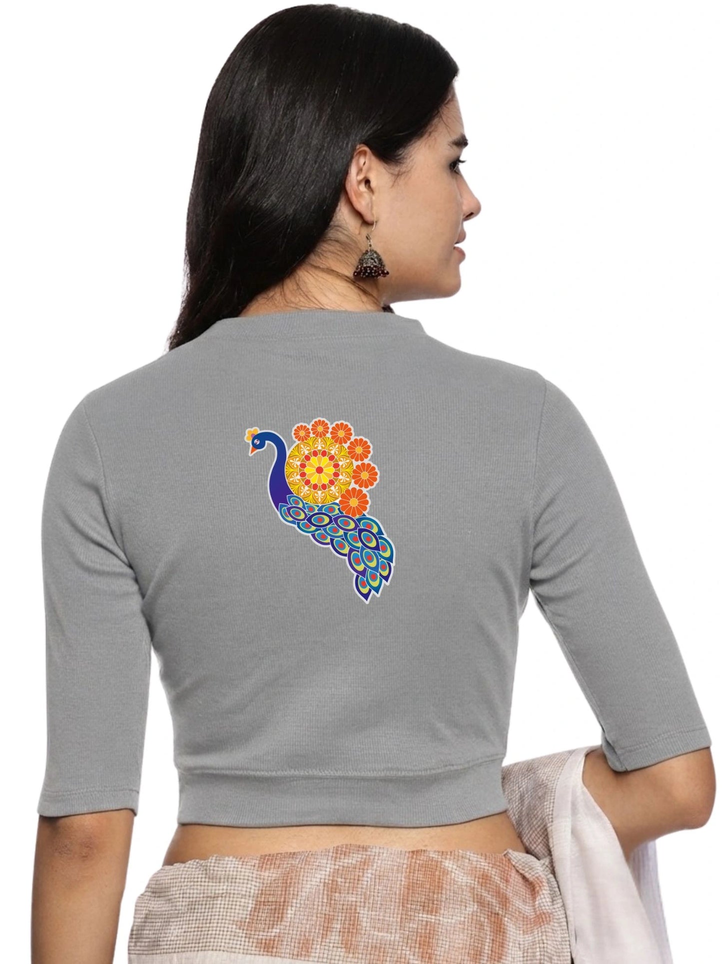 Women Back Printed Stretchable Elbow Sleeve RIB Blouse U0146 LT Steel Grey