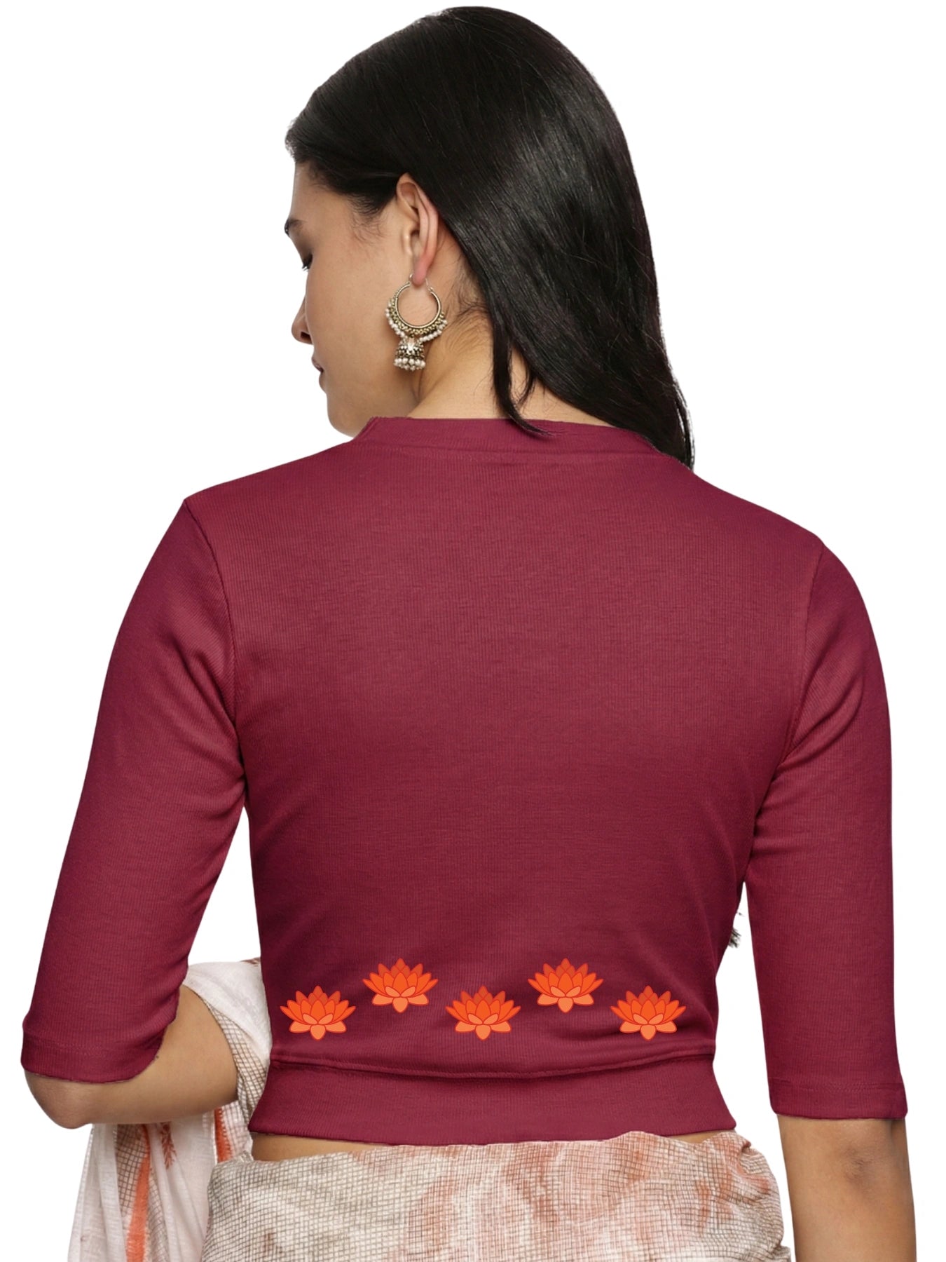 Women Back Printed Stretchable Elbow Sleeve RIB Blouse U0147 Wine Pink