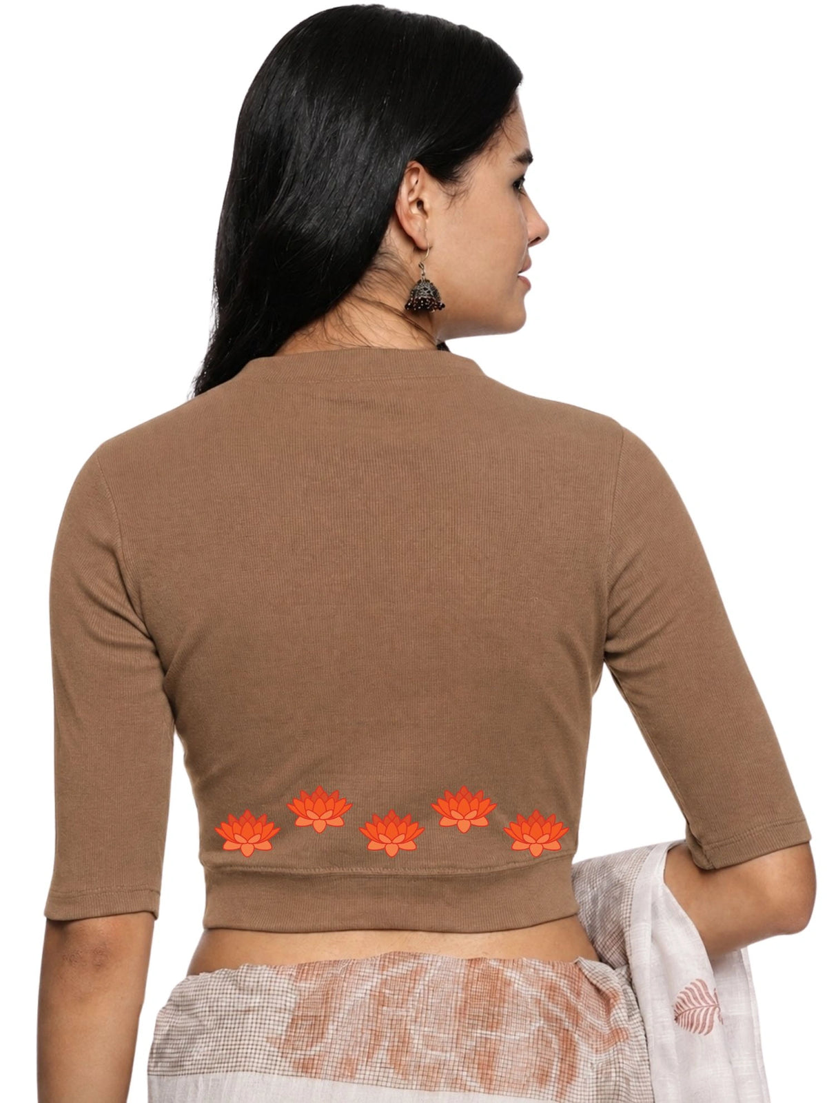 Women Back Printed Stretchable Elbow Sleeve RIB Blouse U0147 Biscuit