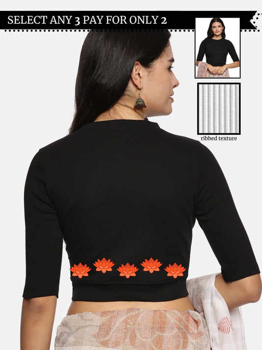 Women Back Printed Stretchable Elbow Sleeve RIBBED Blouse U0147 Black