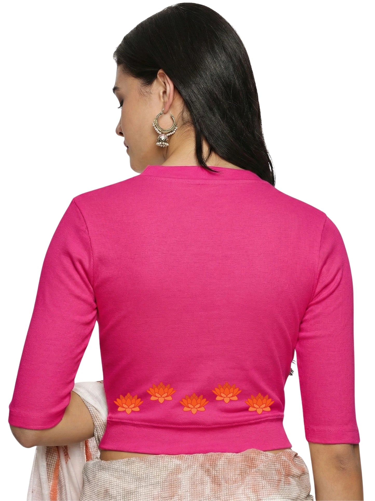 Women Back Printed Stretchable Elbow Sleeve RIB Blouse U0147 Rani Pink