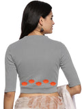 Women Back Printed Stretchable Elbow Sleeve RIB Blouse U0147 LT Steel Grey