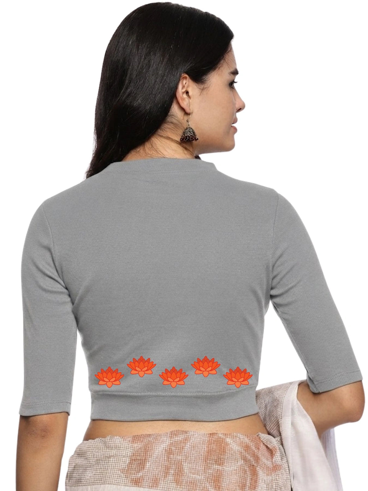 Women Back Printed Stretchable Elbow Sleeve RIB Blouse U0147 LT Steel Grey