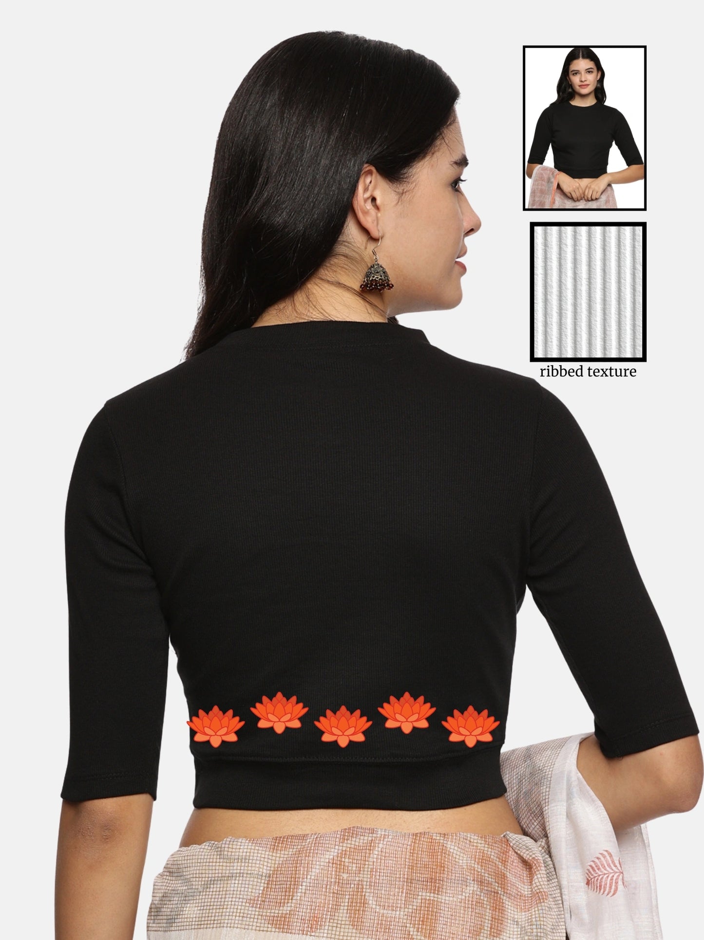 Women Back Printed Stretchable Elbow Sleeve RIB Blouse U0147 Black