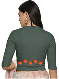 Women Back Printed Stretchable Elbow Sleeve RIB Blouse U0147 Khaki Green