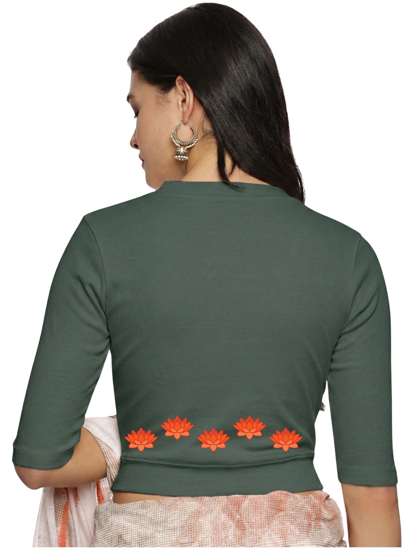 Women Back Printed Stretchable Elbow Sleeve RIB Blouse U0147 Khaki Green