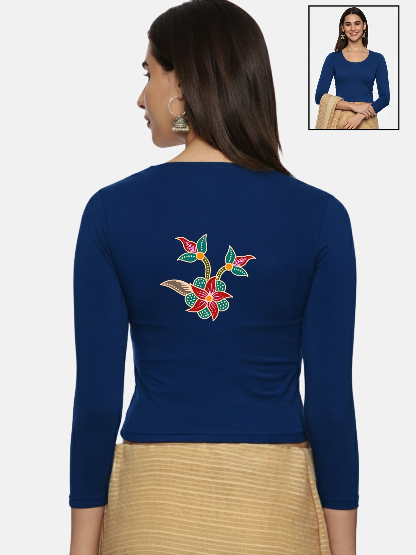Women Three Fourth Sleeve Back Print Stretchable Blouse U0150 Royal Blue