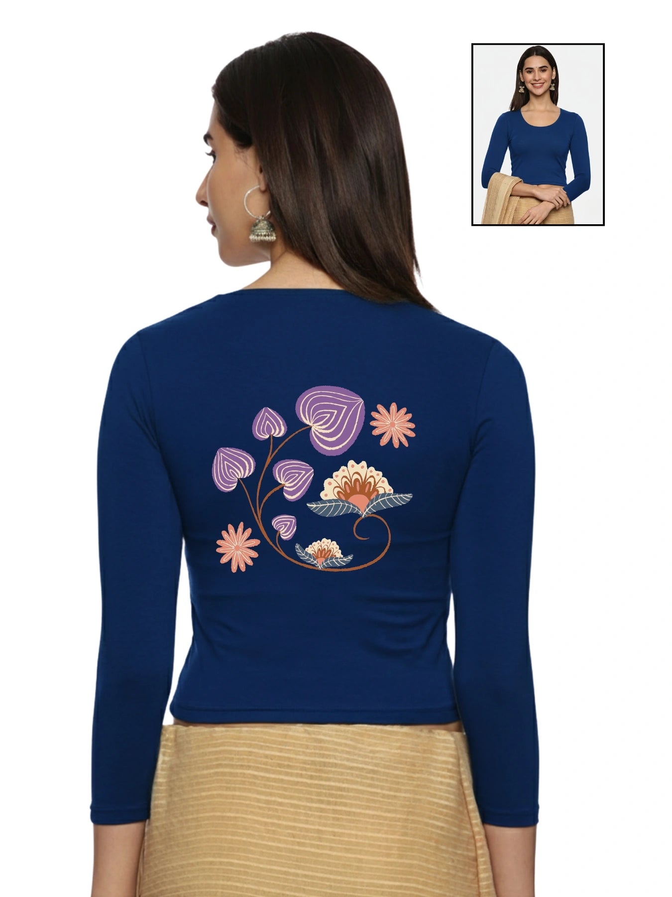 Women Three Fourth Sleeve Back Print Stretchable Blouse U0151 Royal Blue