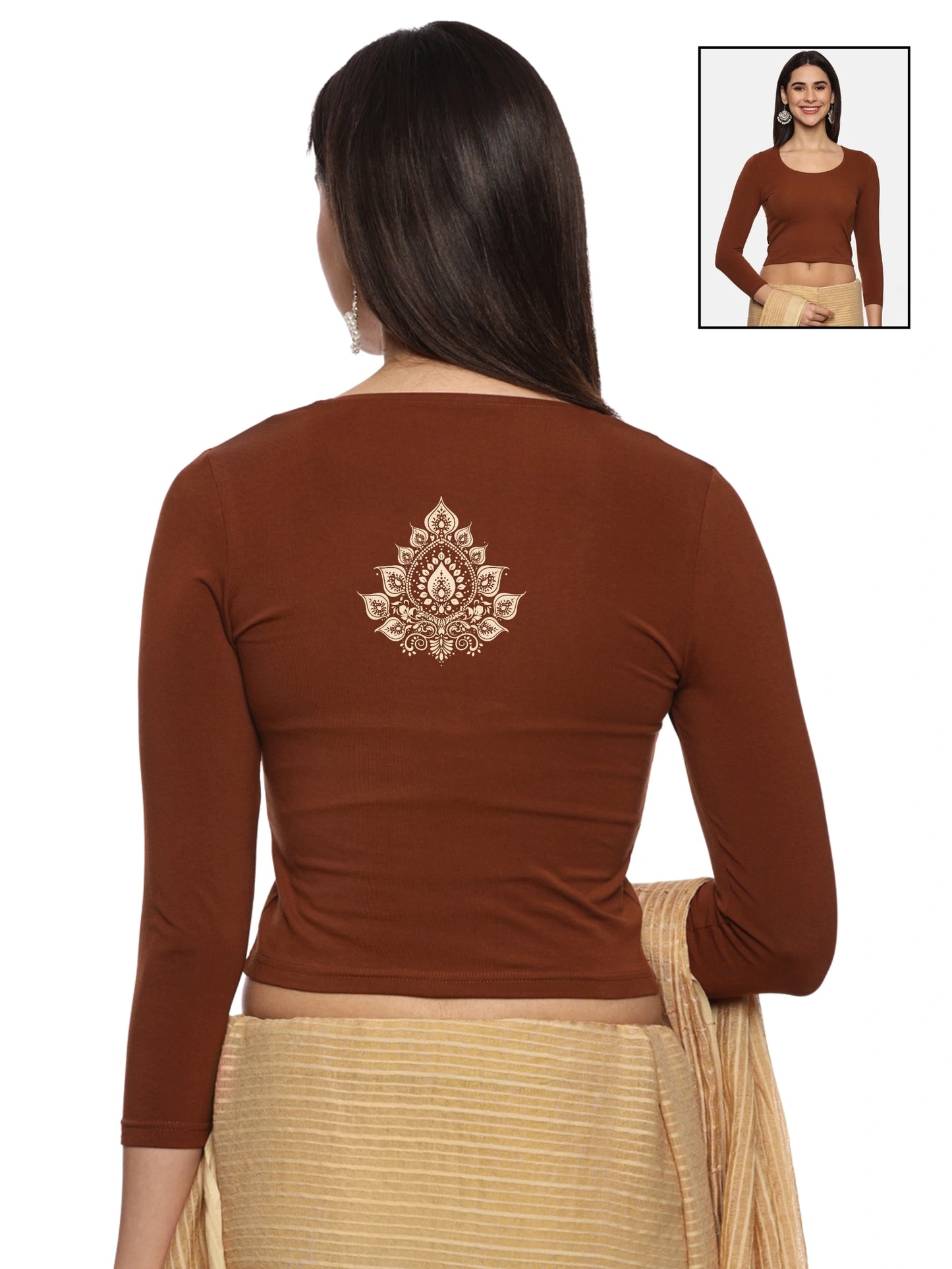 Women Three Fourth Sleeve Back Print Stretchable Blouse U0152 Honey Brown