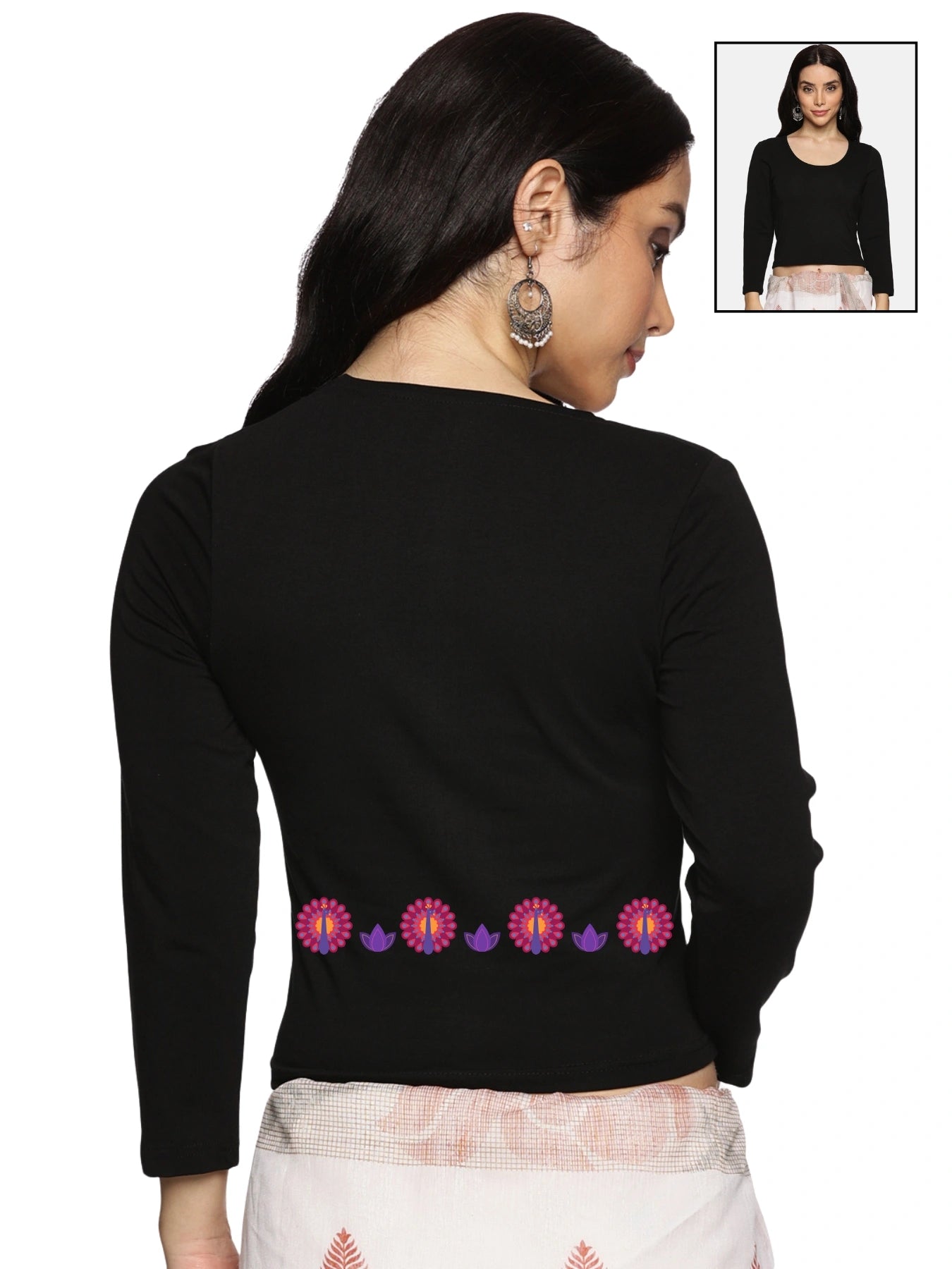 Women Three Fourth Sleeve Back Print Stretchable Blouse U0153 Black