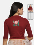 Women Back Printed Stretchable Elbow Sleeve RIB Blouse U0155 Maroon