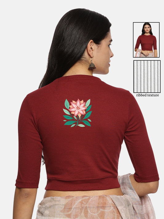 Women Back Printed Stretchable Elbow Sleeve RIB Blouse U0155 Maroon