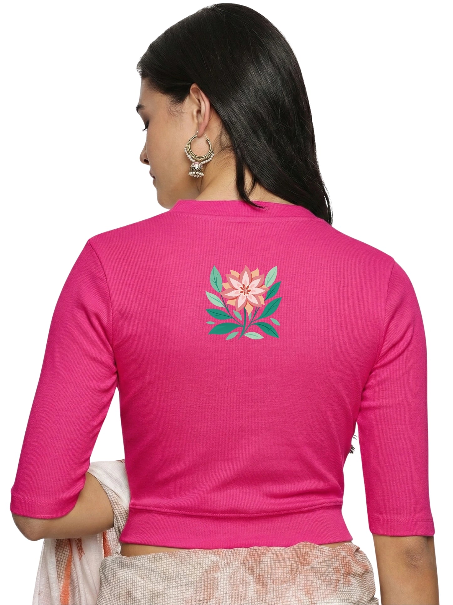 Women Back Printed Stretchable Elbow Sleeve RIB Blouse U0155 Rani Pink
